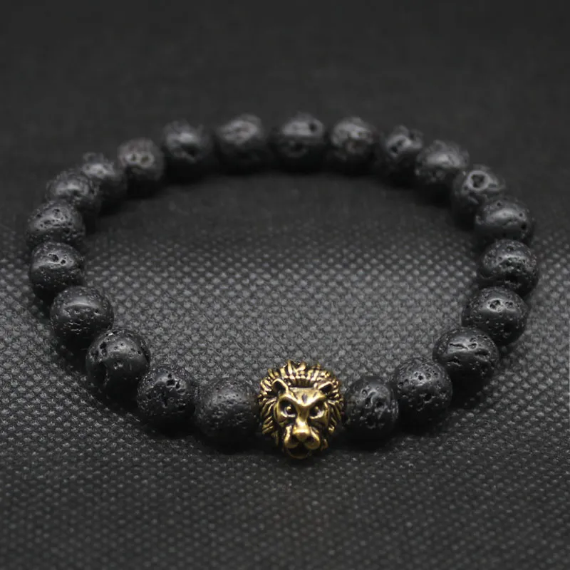 Antik guldfärg Buddha Lion Head Armband av Amulet Black Lava Stone Energy Bead Armband Pulseras Hombre Smycken