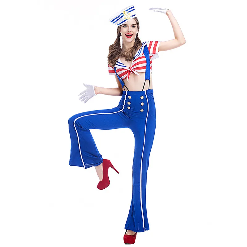 Costume da marinaio sexy da donna Top e pantaloni lunghi Uniformi blu navy a righe Costume cosplay da marinaio di Halloween impertinente