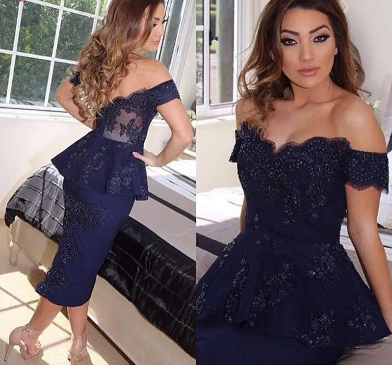 Sexy Tea Length Navy Blue Cocktail Dresses Peplum Beaded Off Shoulder Prom Dresses Applique Lace Formal Party Dresses Evening Wear