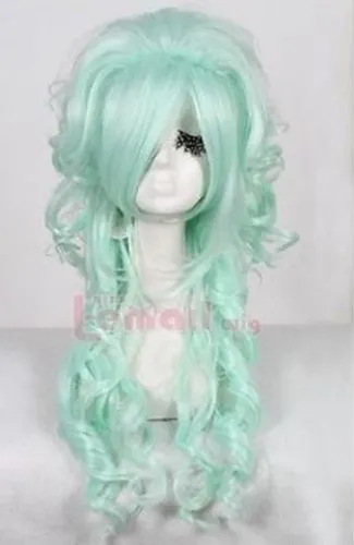 100% Brand New Qualidade de Alta Qualidade Imagem Full Lace Wigsharajuku Fluffy Wig Oblique Bangs Cabelo Longo Menta Verde Cosplaywig