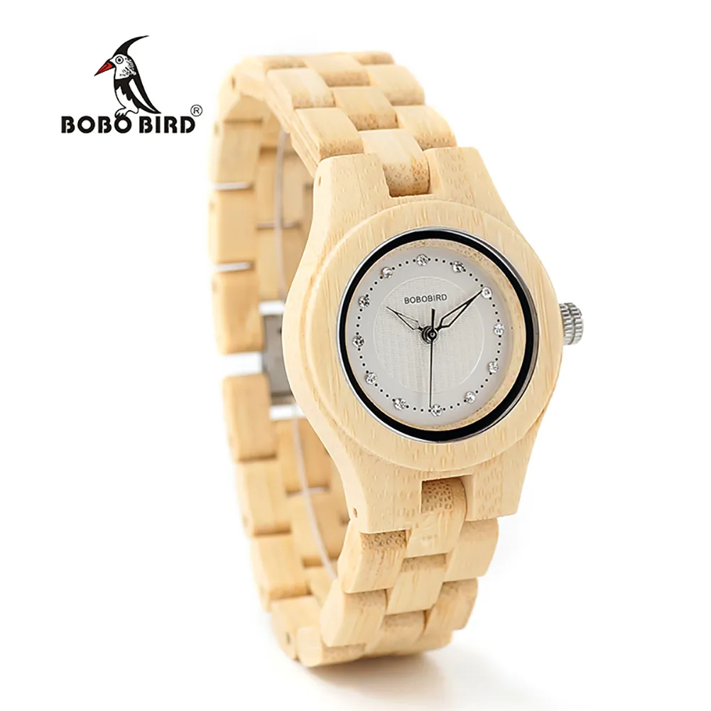 Bobo Bird O10 Ivoorkoffer Body Women Bamboo houten horloges Quartz Movement Small -formaat horloges in houten cadeaubon6085912