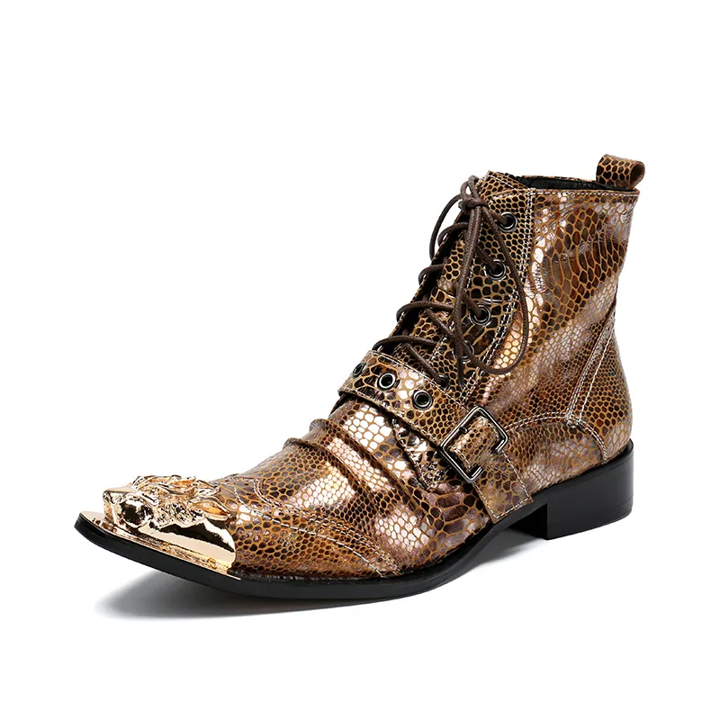 2019 New Arrival Jesień Zimowe Mężczyźni Buty Moda Rock Siły Palec High Zwiększone Western Short Boots Gold Snake Wzór, Duży Rozmiar 38-46