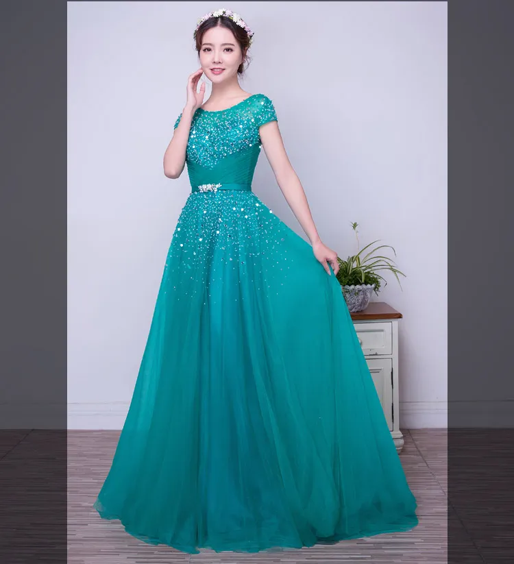 Turquoise Tulle A-line Long Modest Prom Dresses With Short Sleeves Beaded Crystals Elegant Formal Women Party Dresses Real Custom 285w