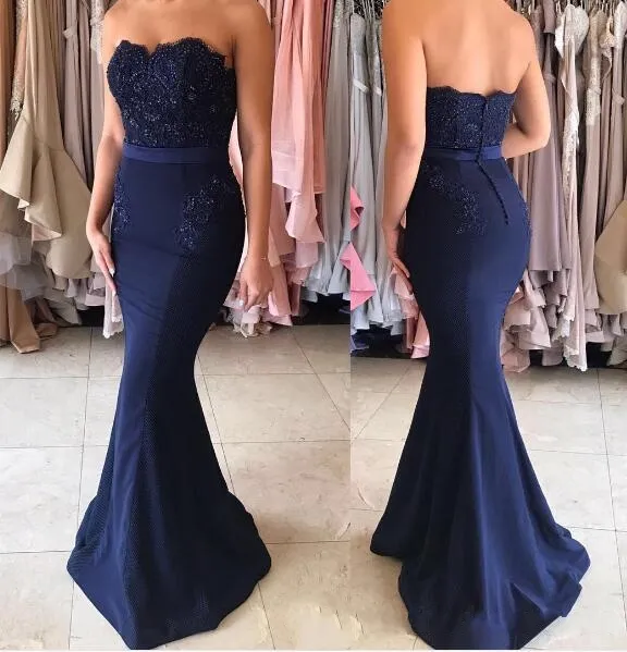 Elegante 2019 vestidos de baile strapless botões de volta sereia real azul cetim sem mangas dama de honra vestido de festa longo vestidos de noite barato