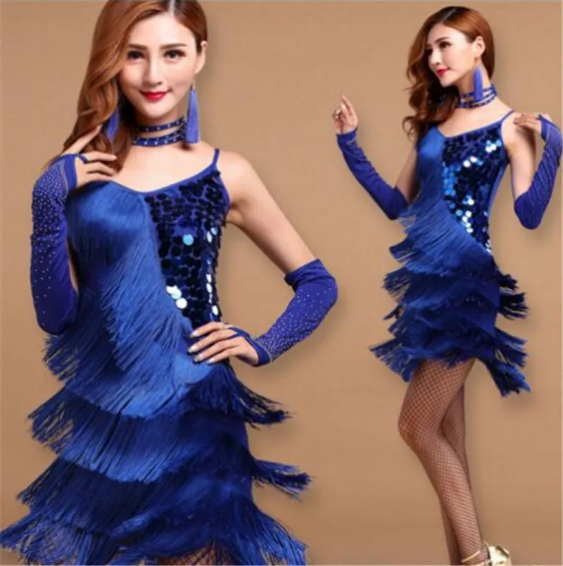 هايت نوعية اللاتينية فساتين الرقص الحمالات مثير الترتر شرابات النساء اللباس السالسا تانجو DANCEWEAR الرقص زي الترتر الذهب مهدب