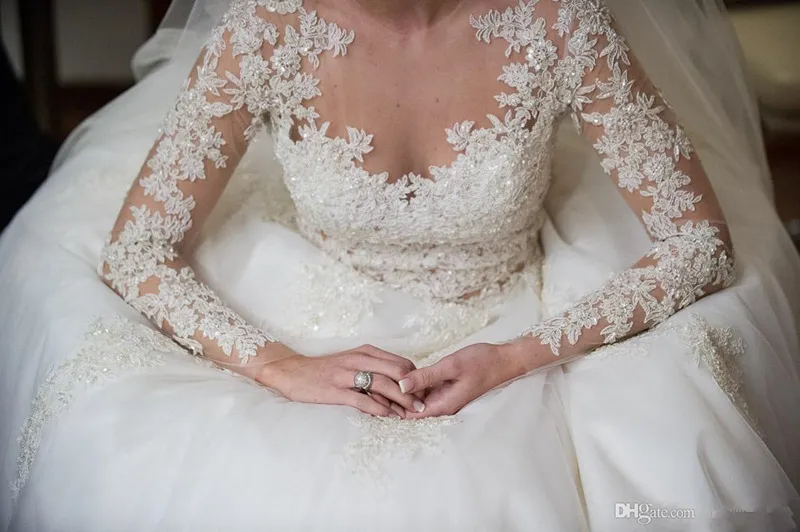 Christian Lace Wedding Dresses Illusion Lace Bridal Dress Long Sleeve Sheer Neck Wedding Gowns Beaded Appliques Bridal Gown Vestidos de