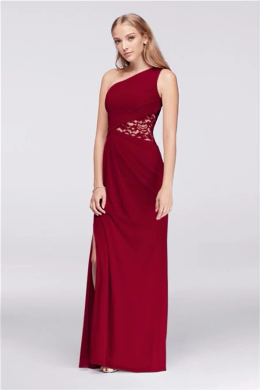 NEW! One-Shoulder Chiffon Side Slit Bridesmaid Dress with Lace Inset F19419 Wedding Evening Formal Gowns