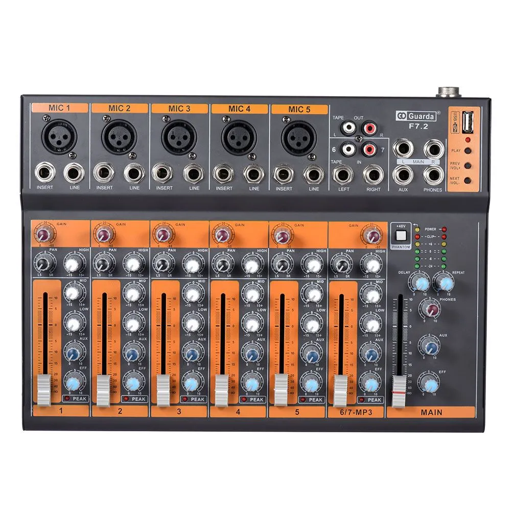 Freeshipping Portable 7-Channel Mic Line Audio Mixer Mixing Console 3-Band EQ USB-gränssnitt 48V Phantom Power med nätadapter