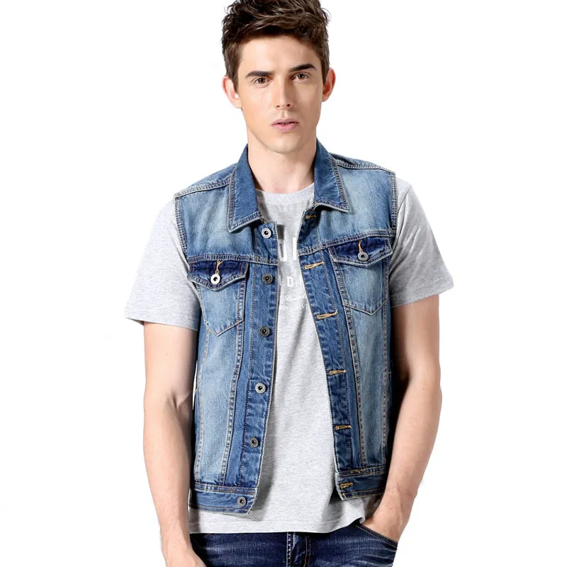 Wholesale- Fashion Brand Mens Denim Vests Jackets Men Sleeveless Outerwear Classic Washed Blue Denim Vests Slim Fit Punk Style Cowboy Gilet