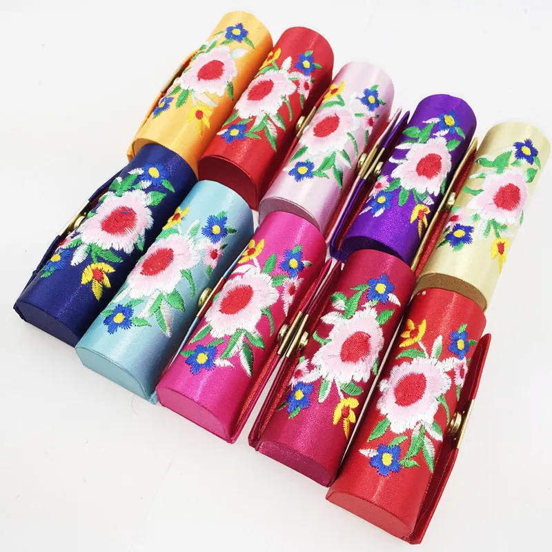 Pretty Embroidered Makeup Lipstick Storage Case with Mirror Empty Lip Balm Box Satin Fabric Lip gloss Tubes Packaging Containers 