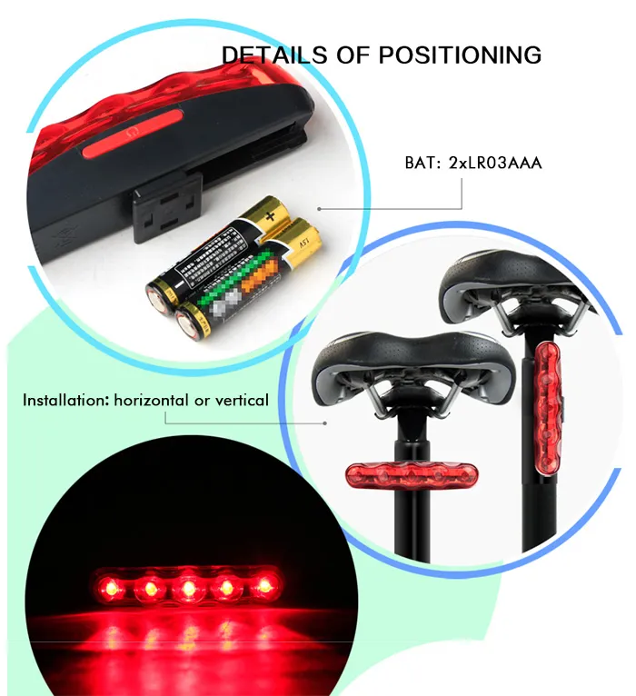 Bicicletta 5 LED rosso Coda spia Fendinebbia Fanalino posteriore Fanale lampeggiante Lampada luce bici 1 pz