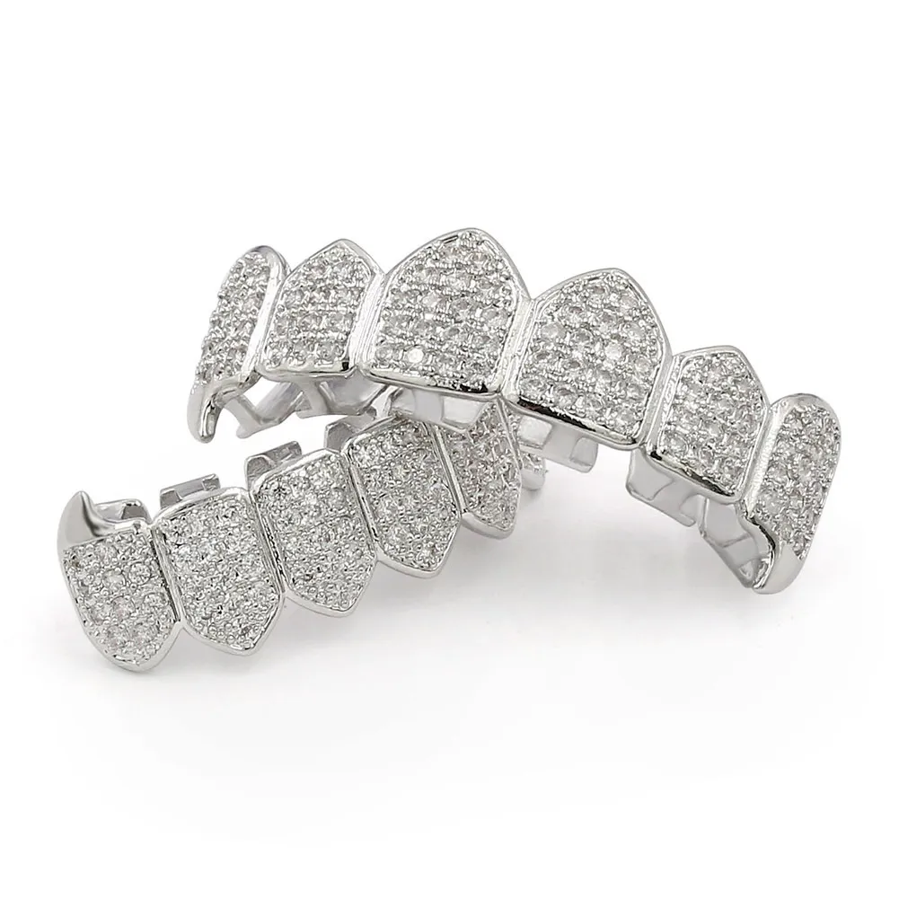 Hip Hop Iced Out CZ Mund Zähne Grillz Caps Oben Unten Grill Set Männer Frauen Vampire Grills