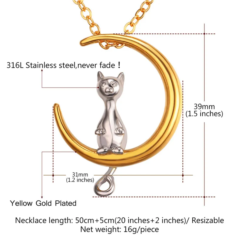 18 Karat Reales Gold Überzog Nette Katze Mond Anhänger Halskette Qualität 316L Edelstahl Schmuck für Frauen