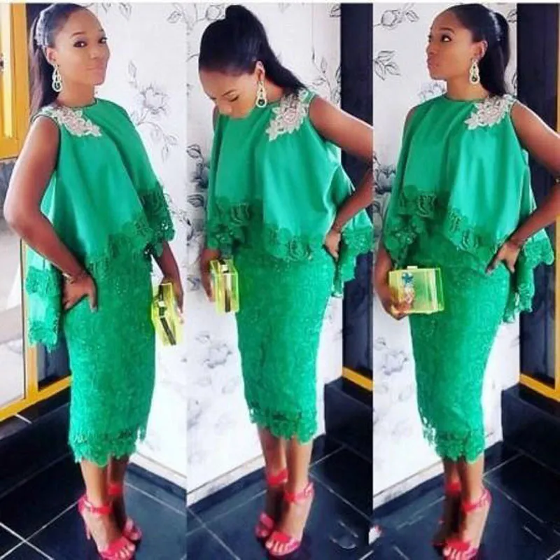 Aso ebi stil kvinnor chic cocktail klänningar grön spets te längd applique formella klänningar med kappa 2019 mantel kort prom klänning