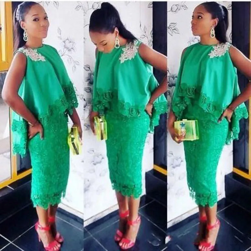 Aso Ebi Estilo Mulheres Chique Cocktail Vestidos Verde Lace Chá Comprimento Applique Vestidos formais com Cloak 2019 Bainha Curto Prom Vestido