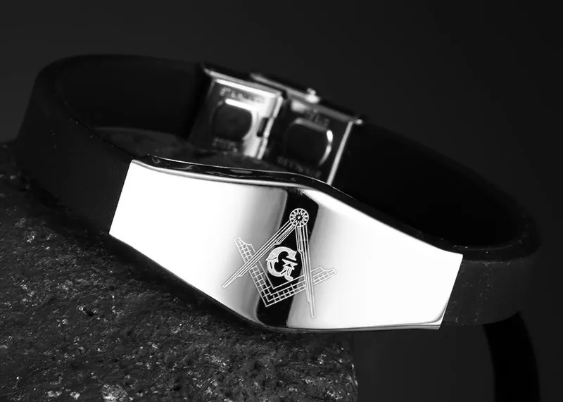 Rostfritt stål Hälsa Energi Svart Silikon Identifiering Armband Gratis Mason Masonic Emblem High Polished