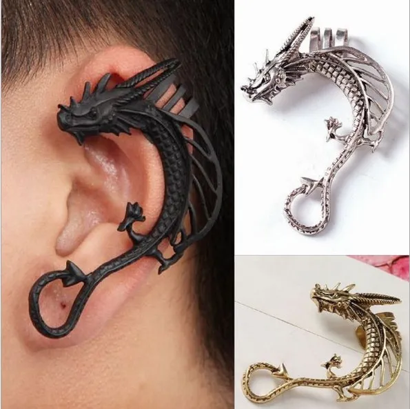 Punk Style Dragon Ear Cuffs Gothic Antik Silver / Guld / Svart Inga Piercing Ear Clips Womens Night Club Tillbehör