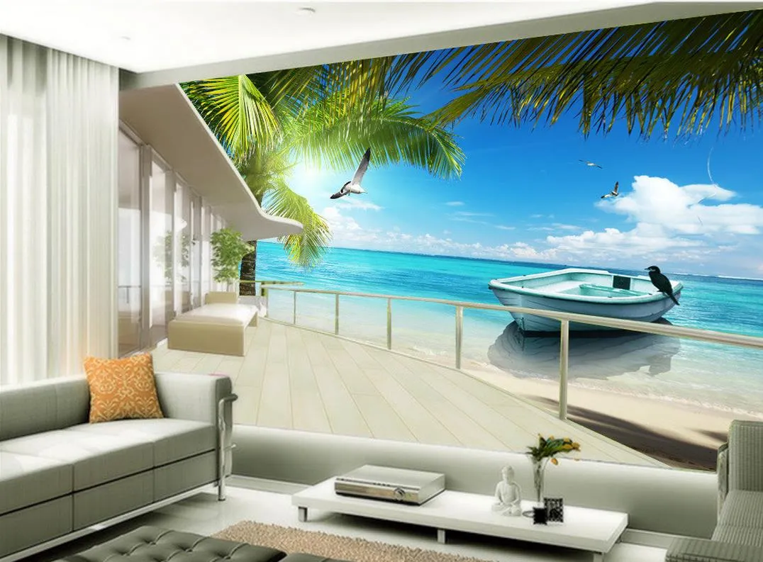 Maldives Sea Beach Arbre de noix de coco Vue murale 3d papier peint 3d papiers peints pour toile de fond tv