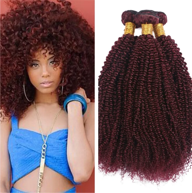 Vino rojo 99j Afro Curly Kinky Curly Extensiones de cabello humano Cabello Color puro Borgoña 99j rizado rizado El cabello teje 3 Unids / lote Envío Gratis