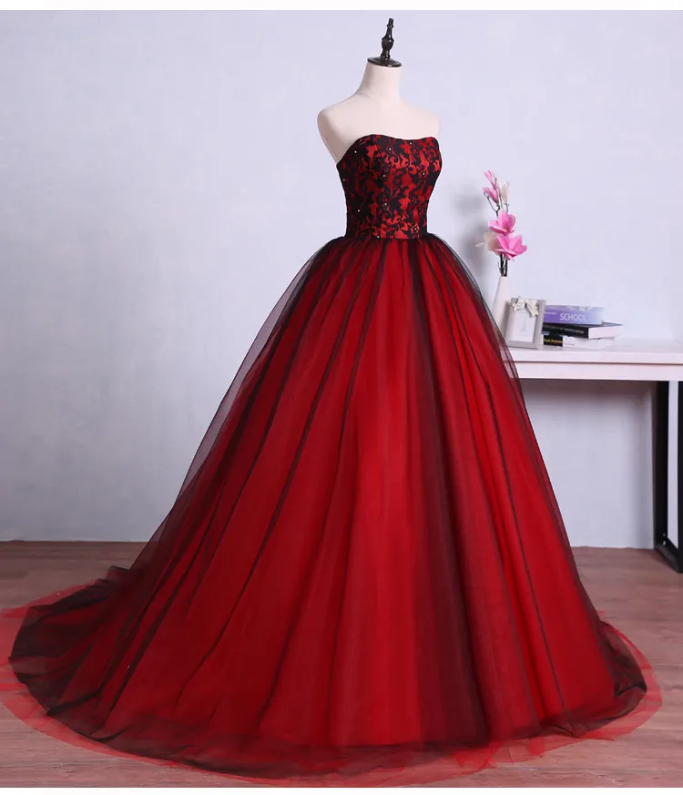 Vintage Röd Svart Gothic Bröllopsklänning Sweetheart Spets Tyll Korsett 1950-tal Färgglada Brudklänningar Icke-vita Bröllopsklänning Robe De Mariee