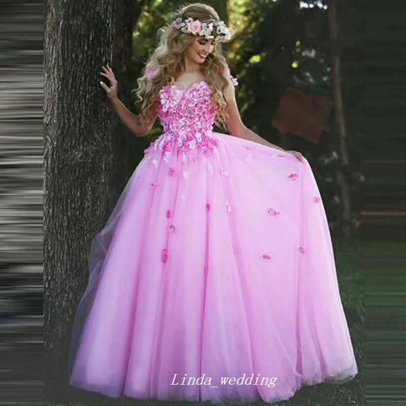 Cute Pink Handmade Made Flowers Prom Dress Custom Made A Line