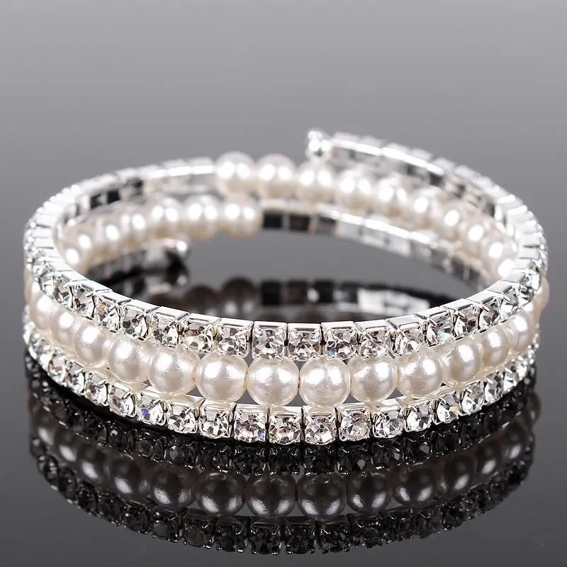 Luxury Pearls 3 Rows Rhinestones Stretch Bangle Wedding Bracelets Bridal Jewelry Cheap Crystals Bracelet For Bride Evening Prom Party