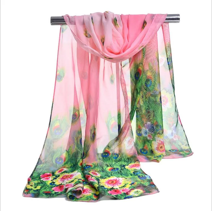 Sciarpa di chiffon di seta all'ingrosso della fabbrica Sciarpa lunga donna Pashmine estive per le donne Sciarpe stampa pavone Florial 160 * 50 cm DHL gratis