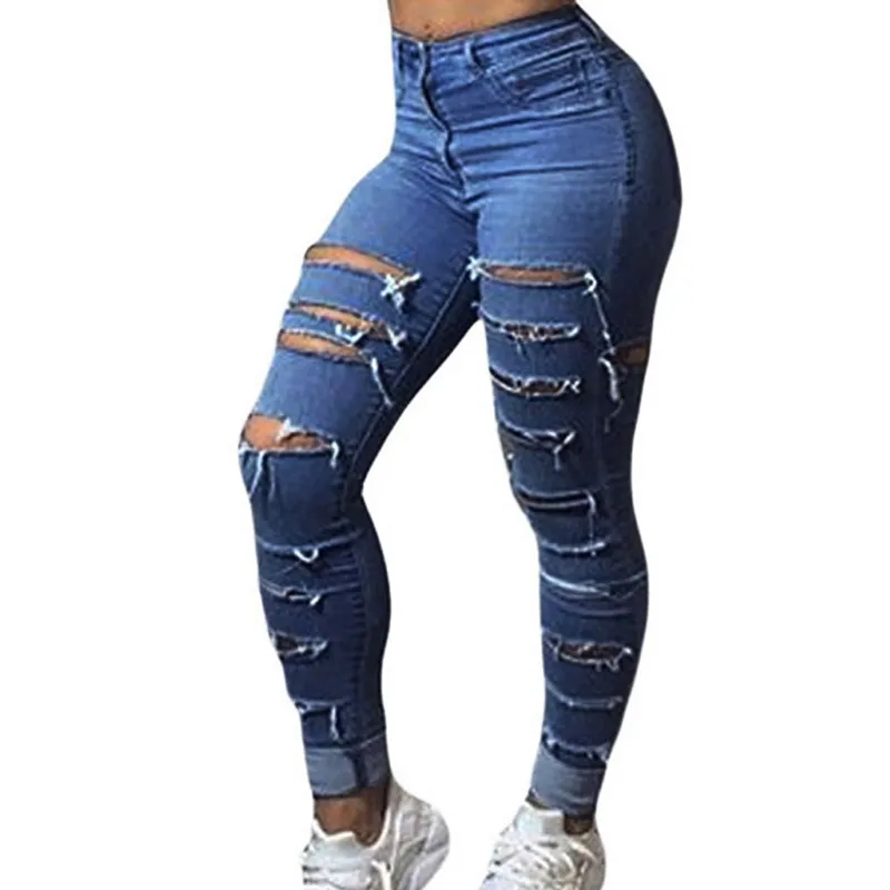 Trou classique déchiré jeans pour femmes mode déchiré taille haute jeans skinny pieds serrés denim femme nouvelle taille plus graisse femmes détruit pantalon