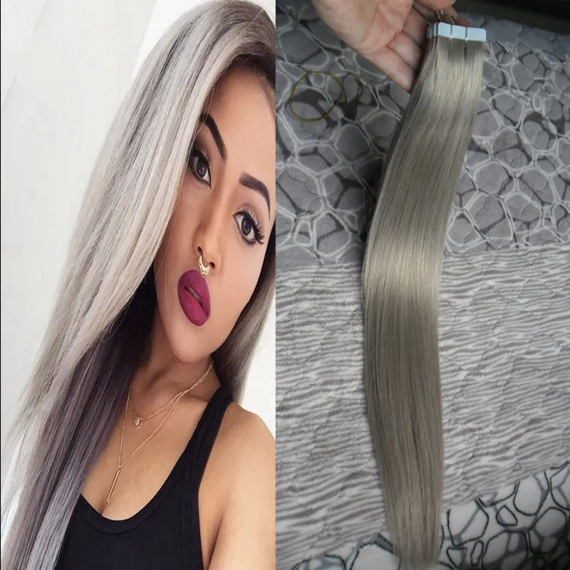 Silver Grey Hair Extensions Taśma w przedłużeniach włosów Proste 100g 40 sztuk Szare Virgin Hair Skin Weft Tape
