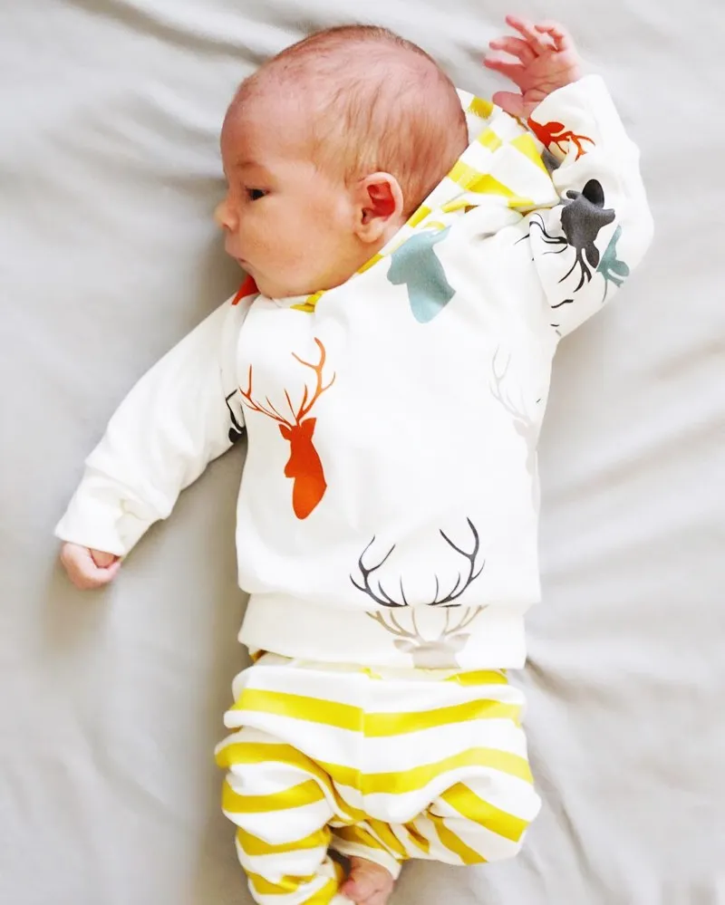 fall autumn Newborn Baby Boy Girls Clothes Cute Christmas Tops Deer Hooded + Striped Long Trousers Outfit Kids Clothing Set