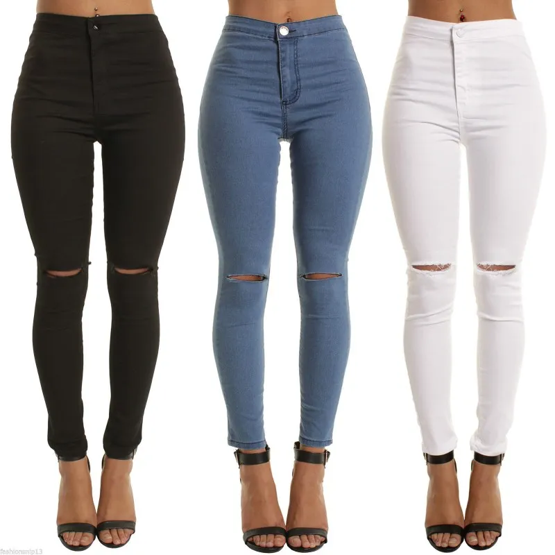 Zomer stijl zak en gat gescheurd jeans vrouwen jeggings cool denim hoge taille broek Caprip vrouwelijke magere zwarte casual met 3 kleuren