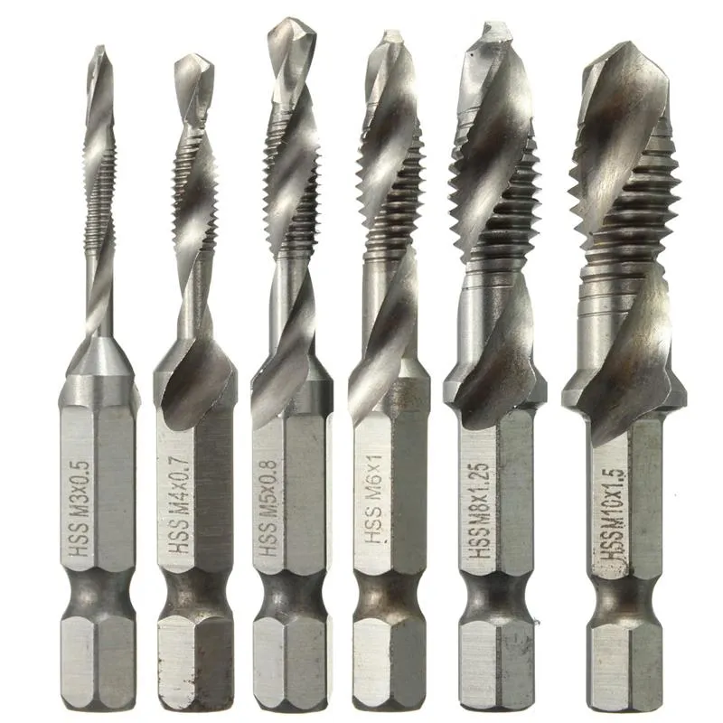 6st / set Hand Tap Drill Hex Shank HSS Skruv Spiralpunkt Tråd Metriska Plug Drill Bits M3 M4 M5 M6 M8 M10 Handverktyg