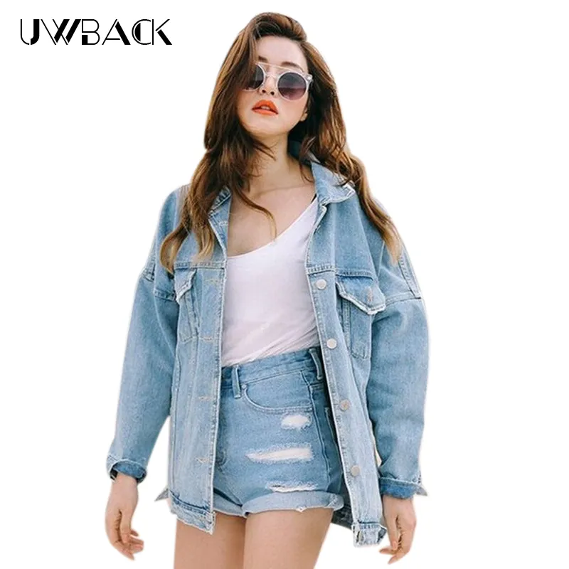 Toptan-Uwback Yeni Boy Denim Ceket Kadınlar Rüzgarlık Gevşek Kot Ceket Kadınlar Yıkanmış Erkek Arkadaşı Denim Ceketler