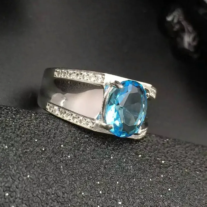 Mode Blauw Topaz Ring voor Man Solid 925 Sterling Silver Man Ring 100% Natural 8 * 10mm Topaz Man Classic zilveren sieraden