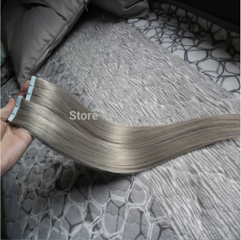 8a grade Silver Gray Color Hair Extensions Brazilian Tape In Remy Hair Straight hiar Weft PU 100g human Hair extensions Tape in6368963