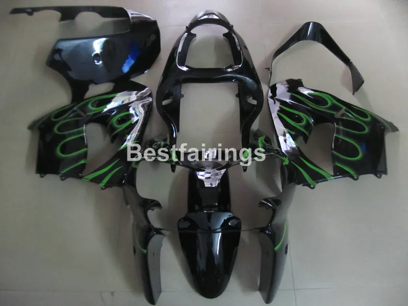 Gratis 7 gåvor Fairing Kit för Kawasaki Ninja ZX9R 2000 2001 Gröna Flammor Svart Motorcykel Fairings Set ZX9R 00 01 PJ24