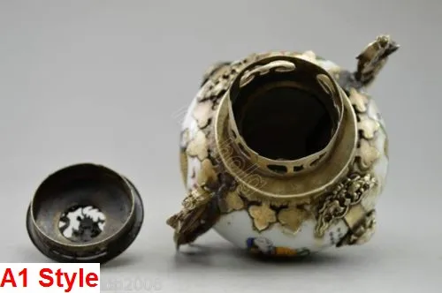Gammal porslin Tibet silver handmålade 8 odödliga rökelse brännare lock smycken gåva jul