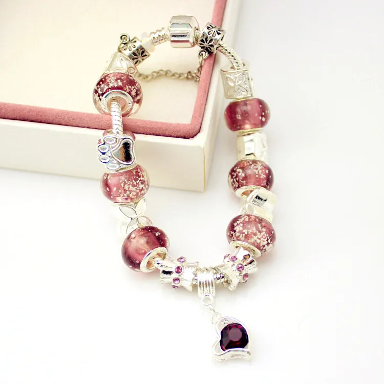 European Style Silver Plated Crystal Charm Bracelet for Women With Purple Murano Glass Beads DIY Jewelry
