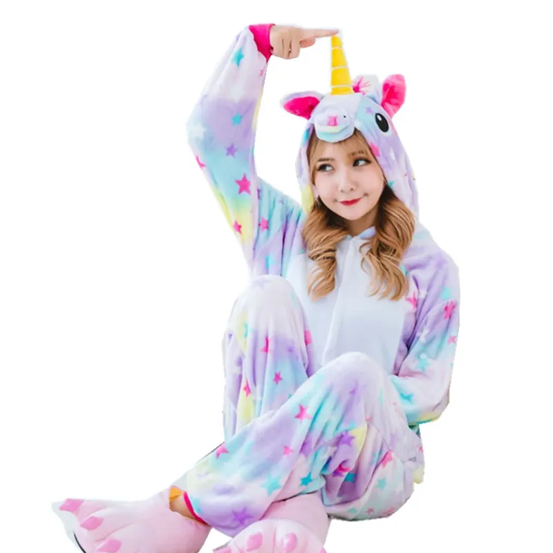 Women's Cosplay Costumes and Winter Flano Pajamas Star or Rainbow Unicorn Onesies Kigurumi Jumpsuit Hoodies Adults Halloween Party Clothes