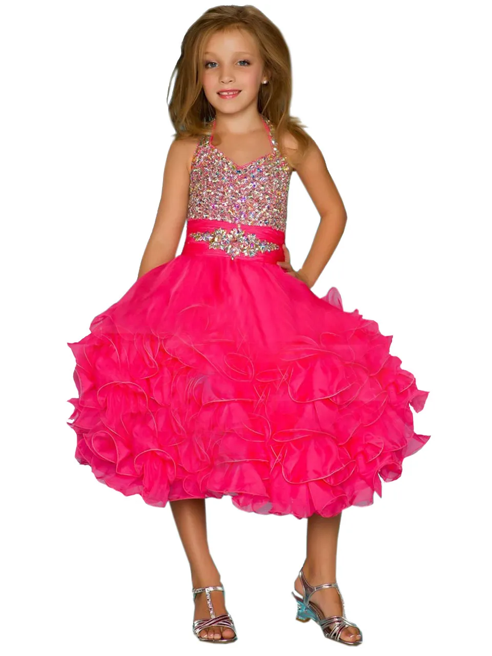 Halter Beading Child Glitz Little Girl's Pageant Dresses Organza Cascade Girls Short Pageant Dress HY1283