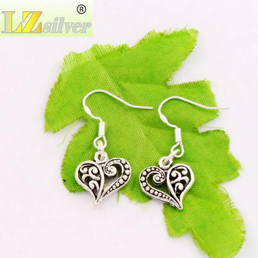 Demi Fleur Coeur Dangle Lustre Boucles D'oreilles 925 Argent Poisson Crochet D'oreille esE919 13.2x31.5mm