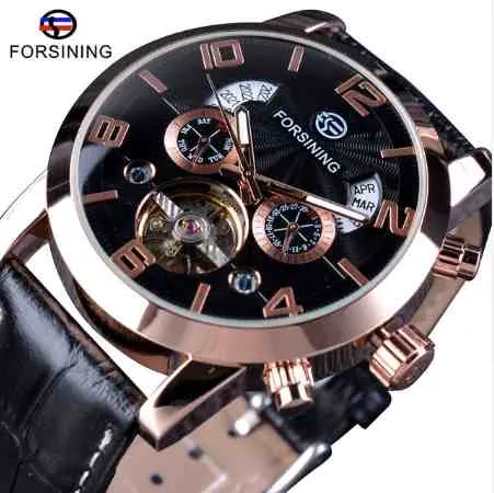 Forsining 5 Hands Tourbillion Fashion Wave Dial Design Multi Function Display Men Watches Top Brand Luxury Automatic Watch Clock Watch+Box