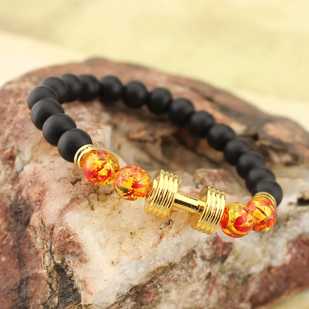 Ny ankomst lava rock pärlor armband med guld hantel Amber lampwork glaspärlor sträcka armband för kvinnor mode smycken
