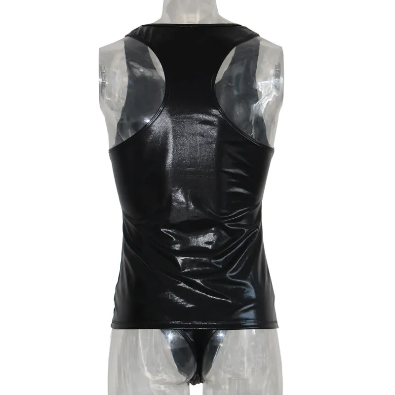Homens negros Sexy Faux Leather Lingerie Set Vest Tops E G-string Exótico Clubwear Masculino Bandage Underwear M-XXL