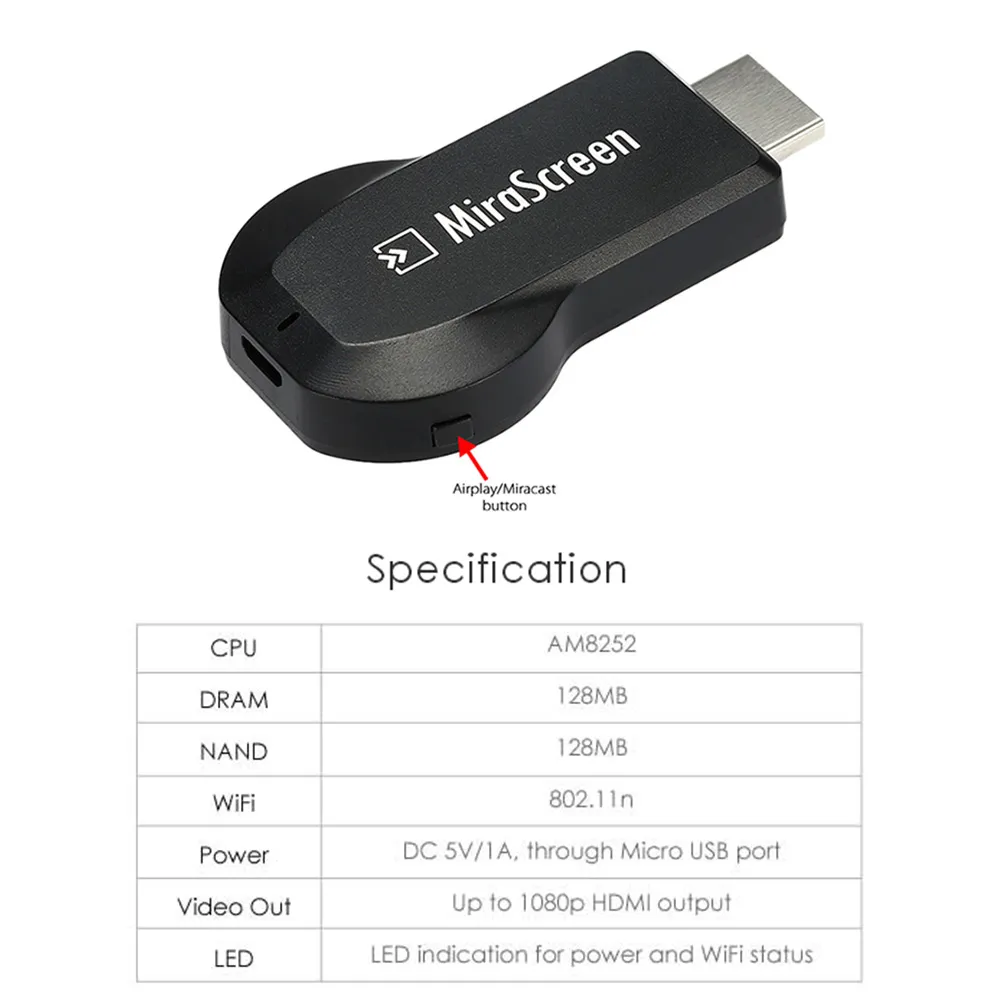 MiraScreen OTA TV Stick Dongle TOP 1 Chromecast Ricevitore display Wi-Fi DLNA Airplay Miracast Airmirroring Google Chromecast