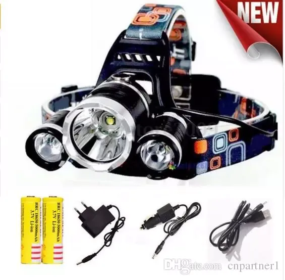 كشافات LED الإضاءة رئيس مصباح الشعلة T6 + 2R5 الصمام المصباح التخييم الصيد ضوء + 2 * 18650 بطارية + سيارة الاتحاد الأوروبي / الولايات المتحدة / الاتحاد الافريقي / المملكة المتحدة شاحن + 1 * USB