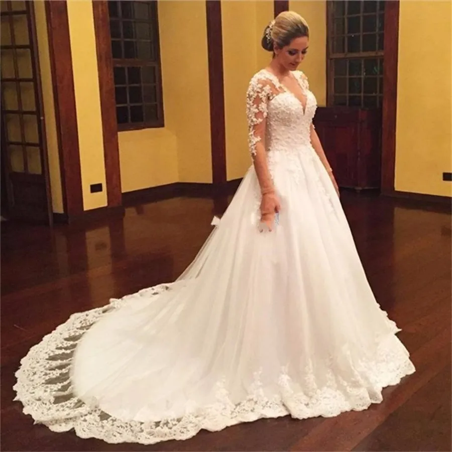 Wedding Dress Hot Sale A Line 2019 Lace Wedding Dresses with Long Sleeves V neck Vestido De Noiva