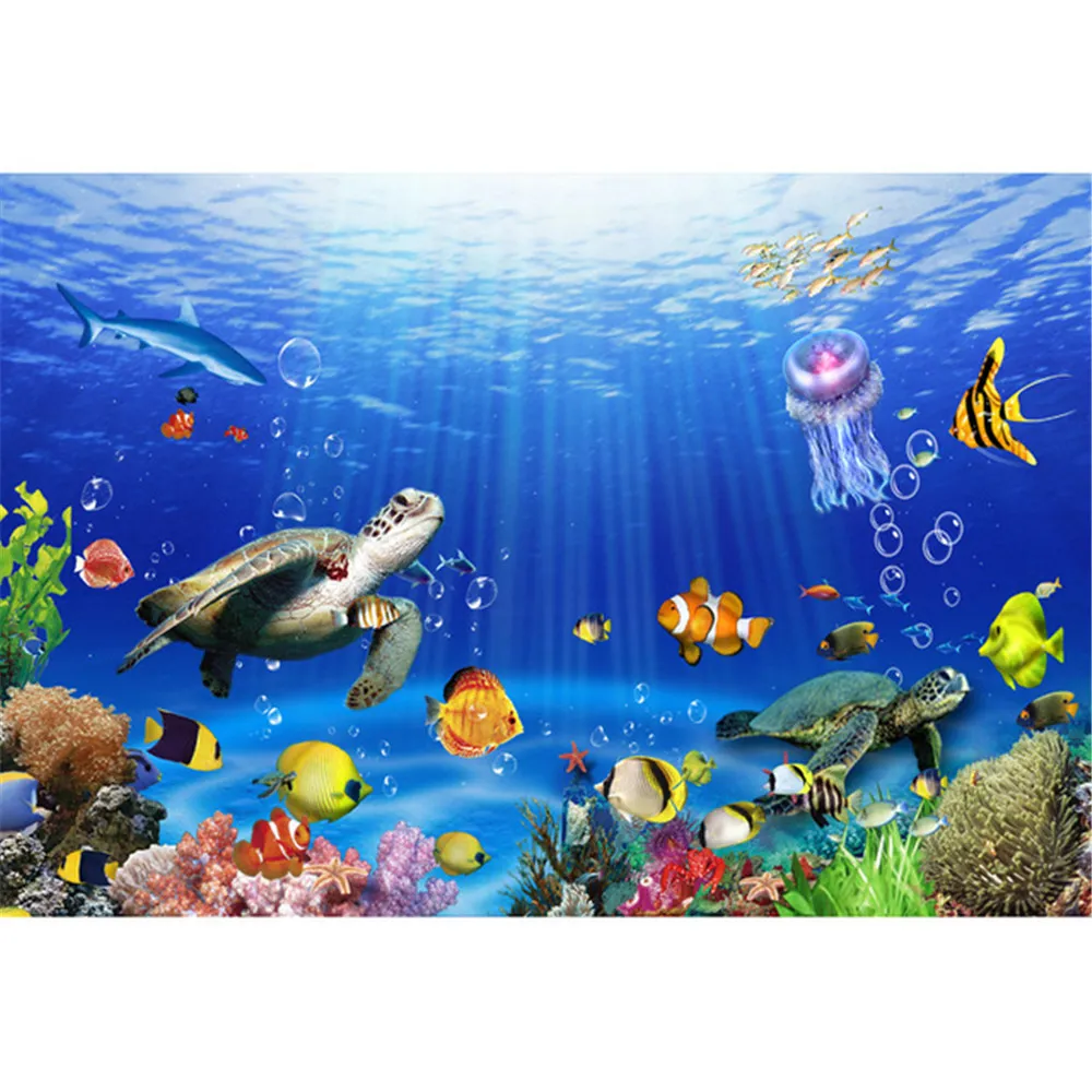 Children Kids Cartoon Photography Backdrops Colorful Fishes Turtles Scenery Under the Sea Background Studio Photo Booth Vinyl Wallpaper