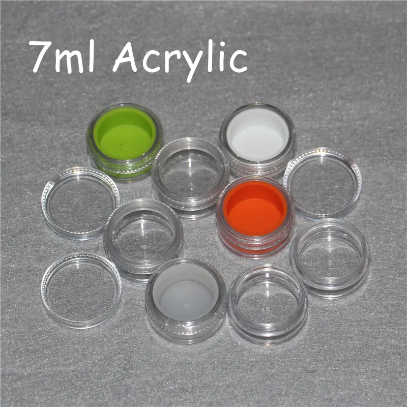 Custom printing plastic container with silicone liner 3ml 5ml 6ml 7ml 10ml acrylic jar for wax dab bho,acrylic clear wax containers