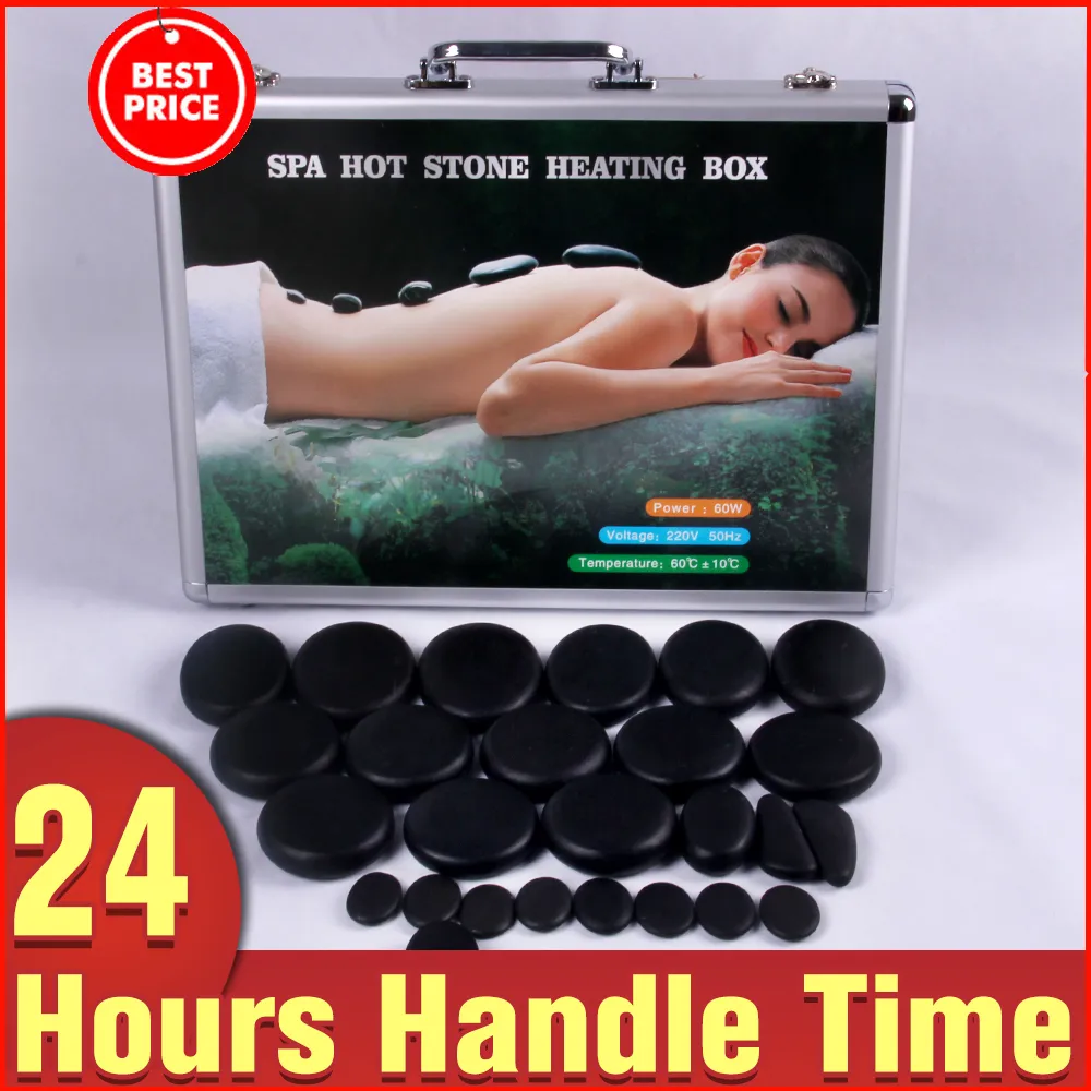 Gorąco! 28 sztuk / zestaw Masaż Power Stone Set Hot Stone z 220 V / 110 V Heater Box Bazaltowy masaż kamień